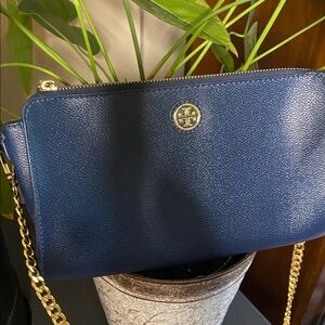 Tory Burch Navy Pebbled Leather Chain Strap Crossbody